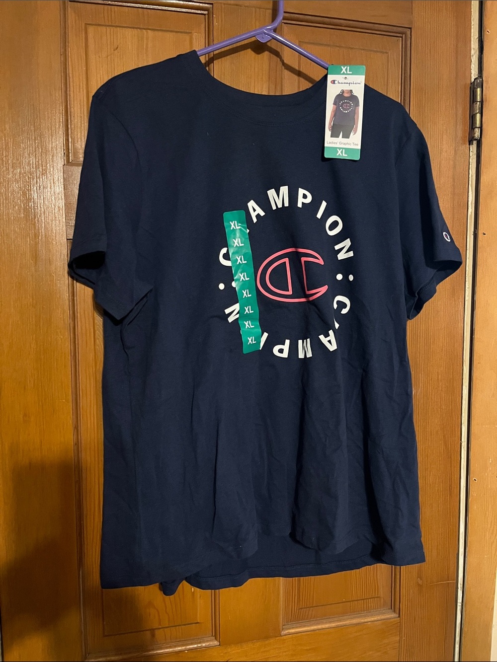 Champion Navy Short-Sleeve Logo Tee with Pink Accent